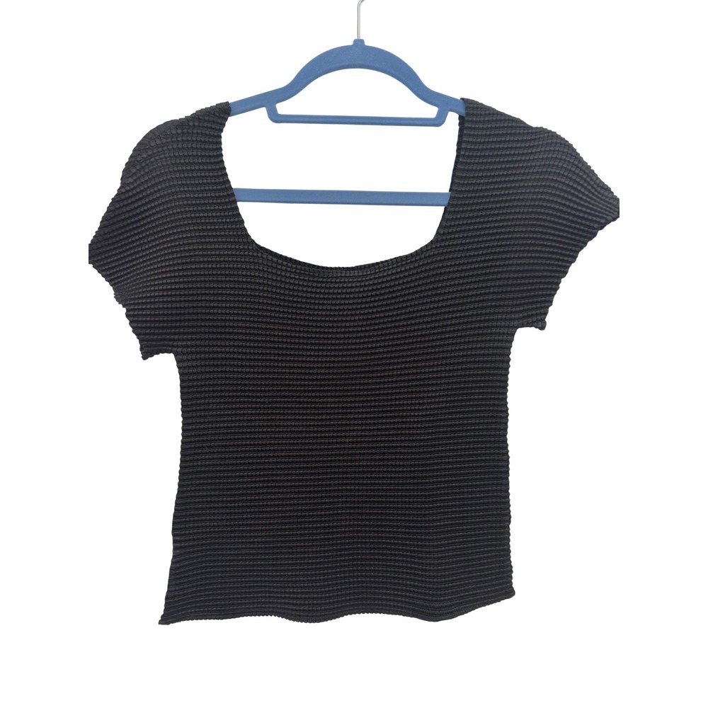 Vintage 90s Black Popcorn Crinkle Top Square Neck Short Sleeve Y2K USA Made